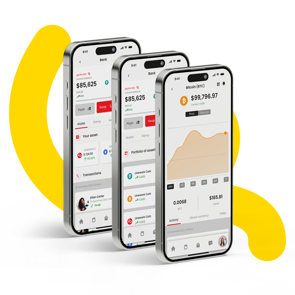 A modern mobile app interface of Linework Bank, highlighting crypto transactions, staking, and international transfers.